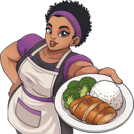 The MealNav cook, holding out a plate of sliced chicken, rice, and broccoli.